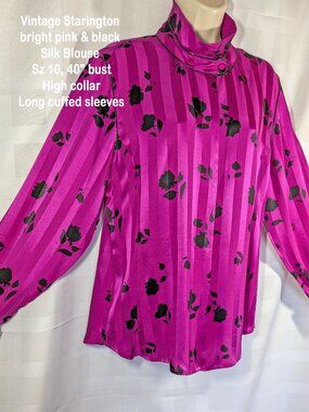 Vintage Starington bright pink & black Silk Blouse, Sz 10, 40" bust, High collar